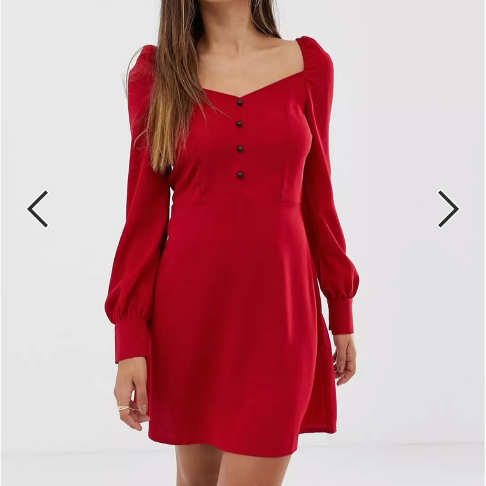 PrettyLittleThing sweetheart neckline balloon sleeve skater mini dress in red